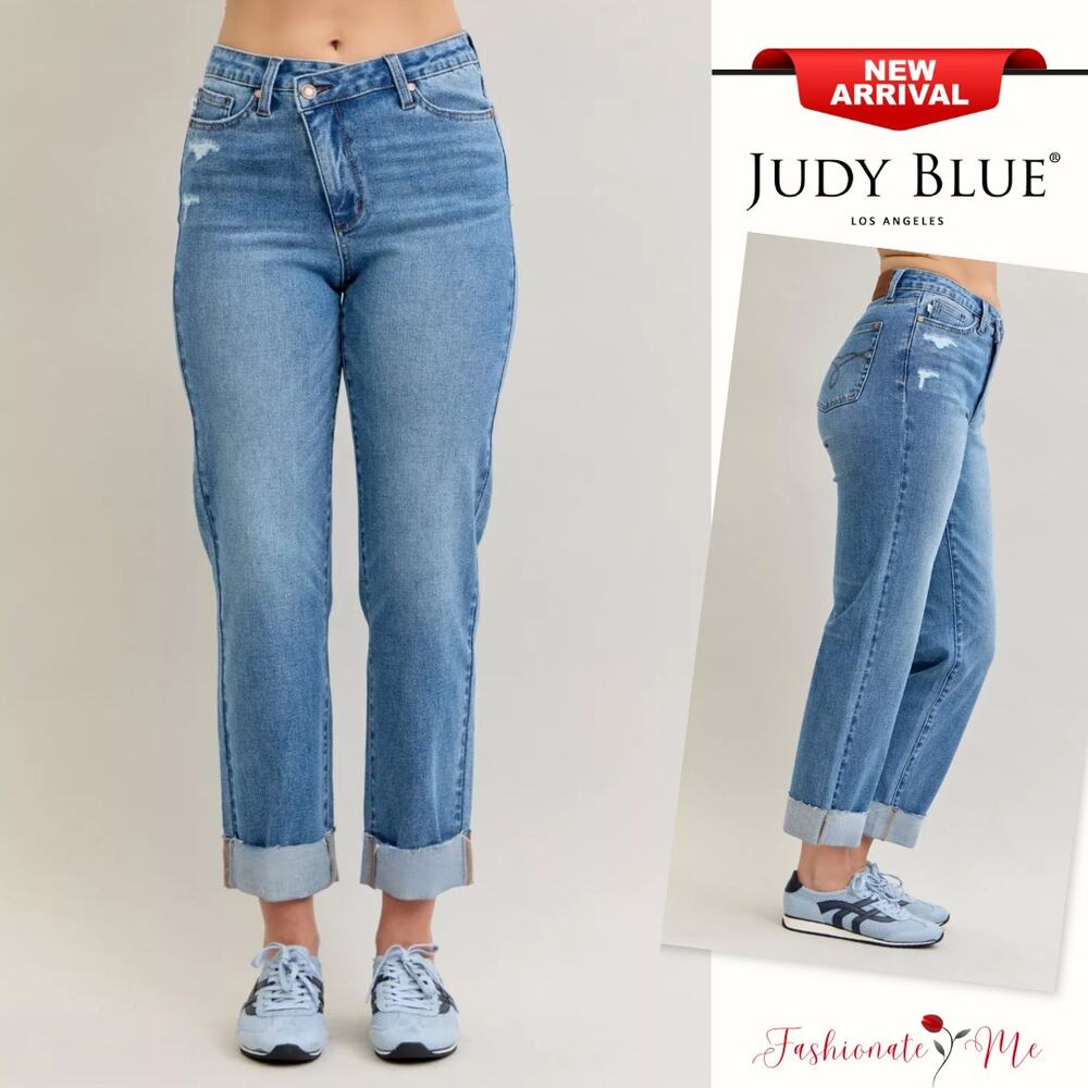 Judy Blue High Rise Criss Cross Waistband Distressed Medium Wash Boyfriend Jeans